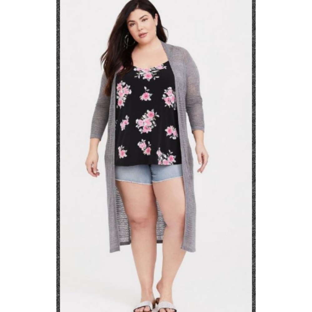 Torrid Black & Fuschia Rose Print V Neck Button Down Swing Cami Size 1X